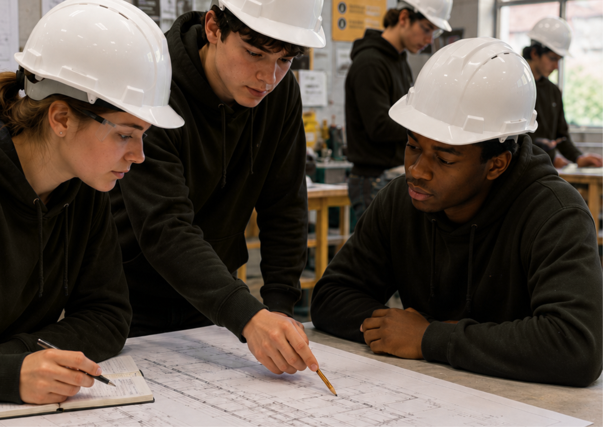 Students in safety helmets looking at architects plan.